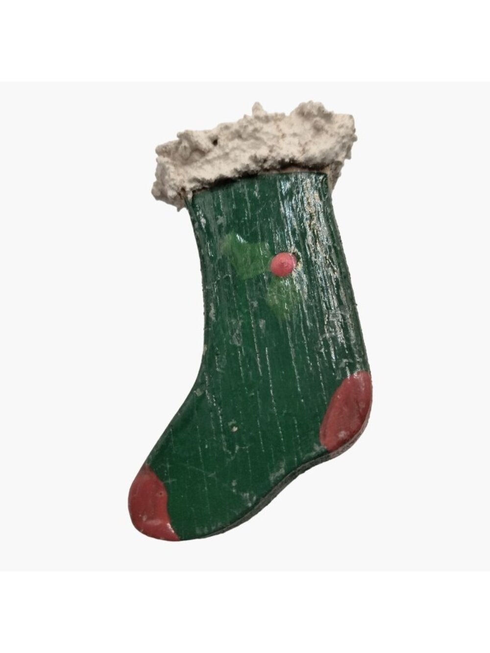 Green Wooden Holiday Stocking Brooch Pin Rustic Vintage Hand Painted Signed 2001